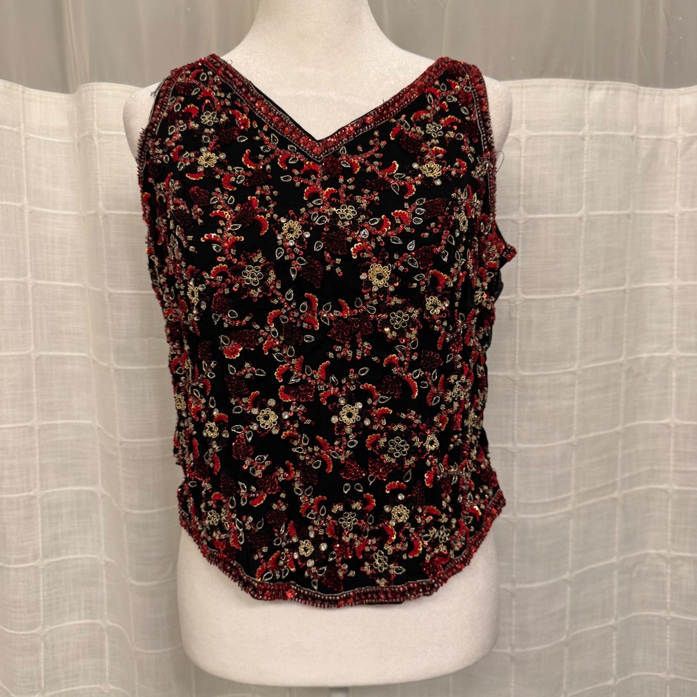 Sari Palace Vintage Beaded Sequin Tank Top Black Red Floral Rayon‎ India V-Neck